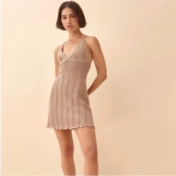 Reformation open knit mini dress in sand NEW
